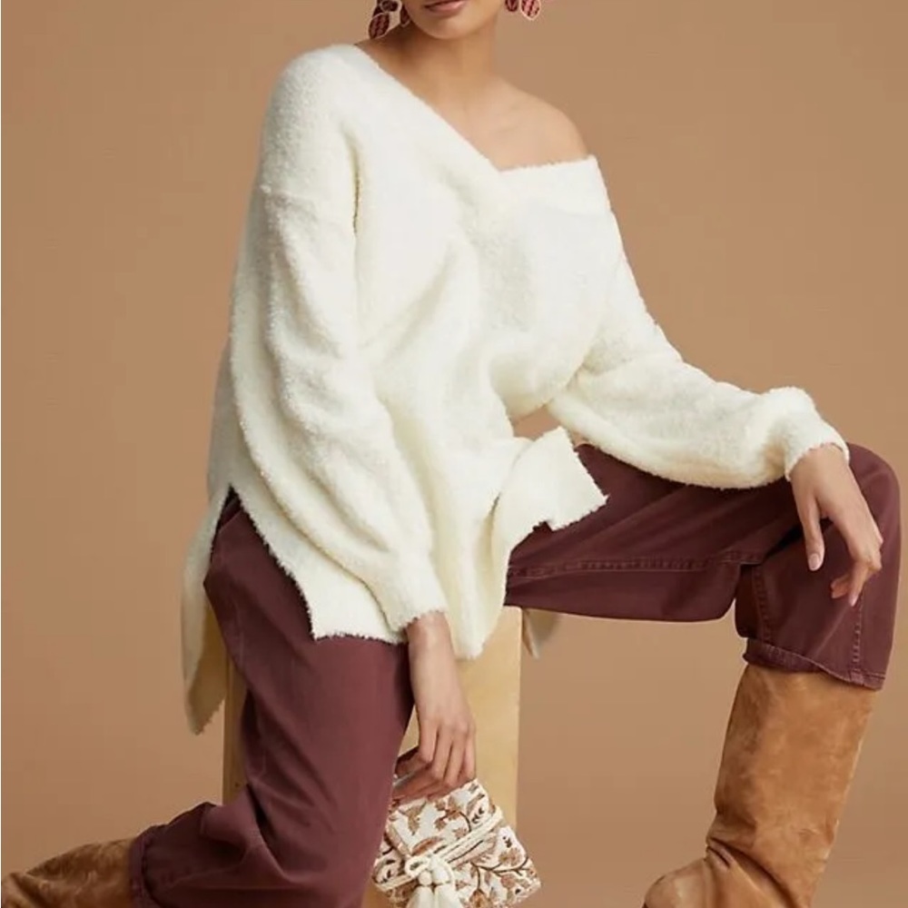 Anthropologie pilcro teddy tunic oversized v neck cream sweater